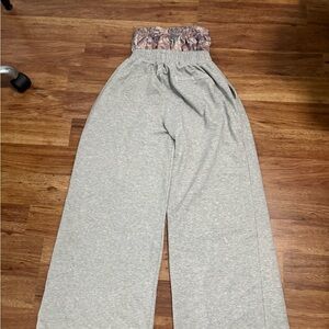 Gray Wide-Leg Pants with Patterned Waistband
